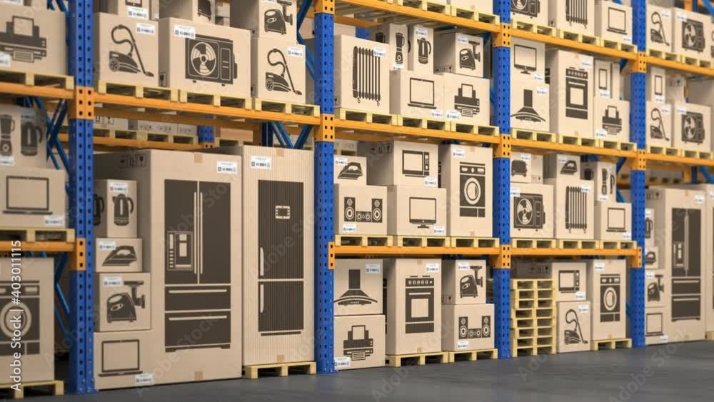 Household appliances and electronic in cardboard boxes on shelves of warehouse. Production, online shopping and delivery concept. 3d video animation