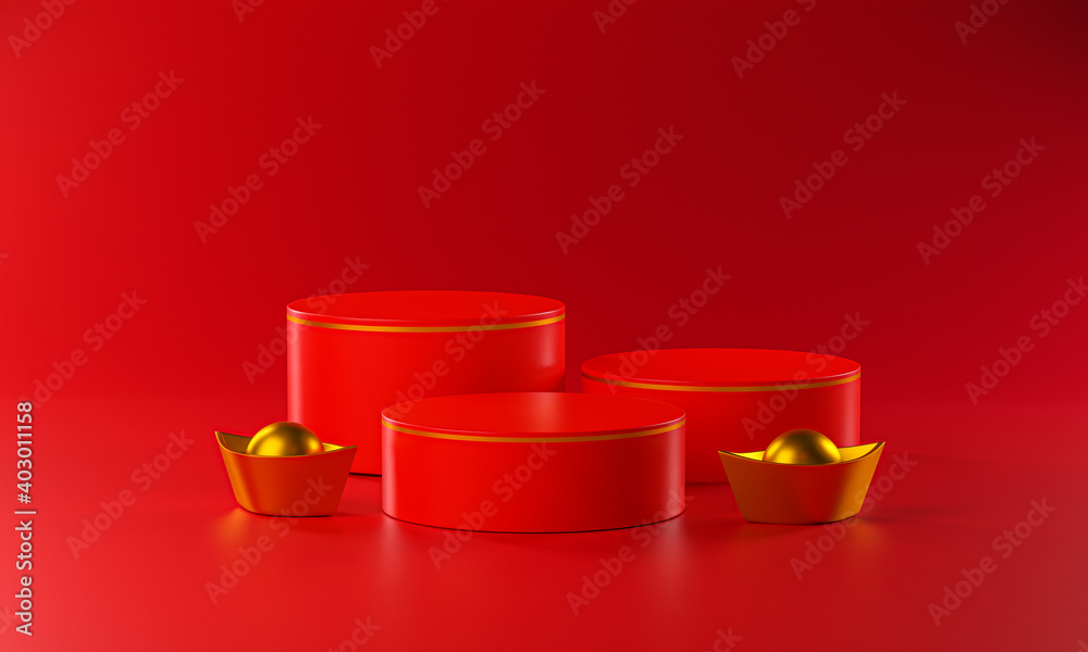 Three Cylinder Podium and Chinese Gold Ingot. Blank Space Mockup Red Background 3D Rendering Three Cylinder Podium and Chinese Gold Ingot. Blank Space Mockup Red Background 3D Rendering