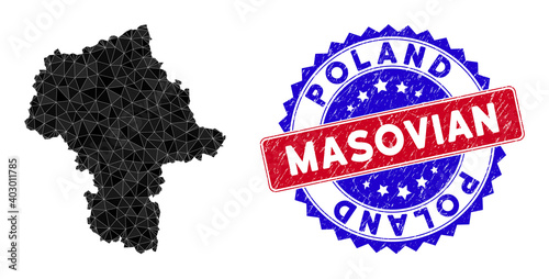 Masovian Voivodeship map polygonal mesh with filled triangles, and rubber bicolor seal. Triangle mosaic Masovian Voivodeship map with mesh vector model, triangles have variable sizes, and positions,
