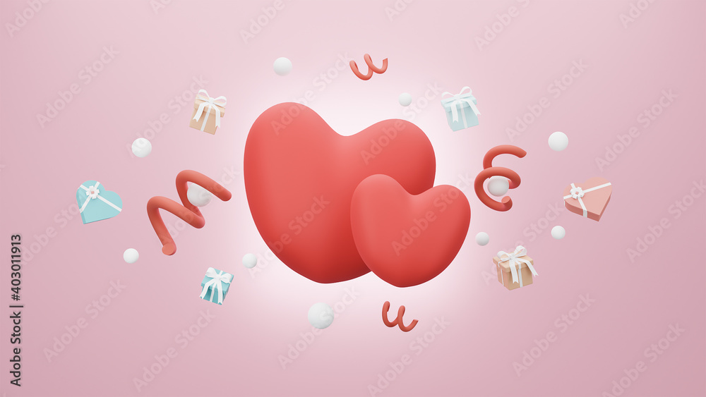 Happy Valentine's Day of Hearts 3d with gift box on pink pastel background. 3d rendering