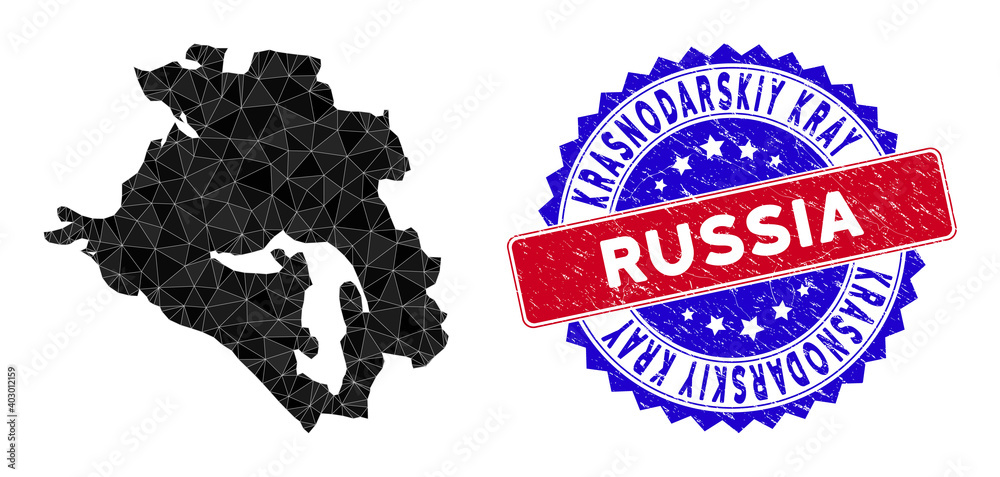 Obraz premium Krasnodarskiy Kray map polygonal mesh with filled triangles, and distress bicolor stamp. Triangle mosaic Krasnodarskiy Kray map with mesh vector model, triangles have various sizes, and positions,