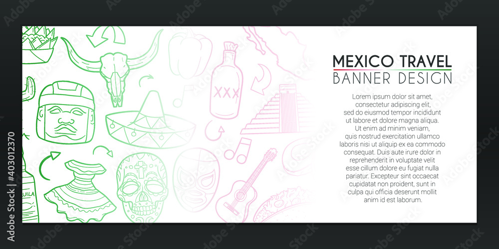 Mexico Banner Doodles.Travel Background Hand drawn. mexican Culture illustration. Fiesta Vector Horizontal Design.