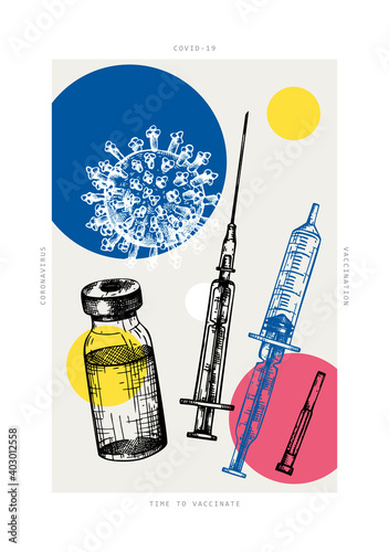 Coronavirus vaccination poster in collage style. Covid-19 corona virus vaccination with vaccine bottle, syringe injection tool sketches. Trendy engraved concept. Covid19 immunization treatment print