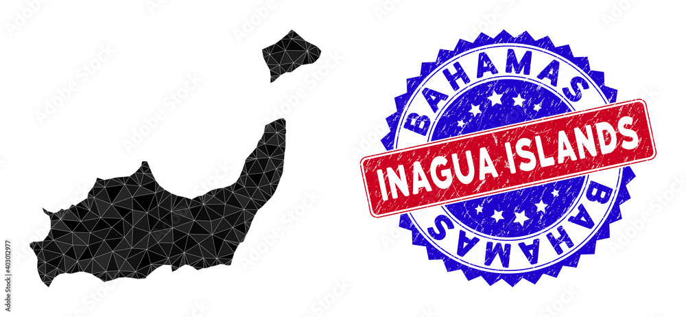 Inagua Islands map polygonal mesh with filled triangles, and grunge bicolor stamp seal. Triangle mosaic Inagua Islands map with mesh vector model, triangles have various sizes, and positions,