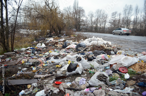 Winter landscape.Ecology of Ukraine. Nature near Ukrainian capital. Environmental contamination. Illegal junk dump. 