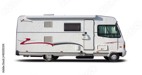 Old motorhome side view isolated on white background 