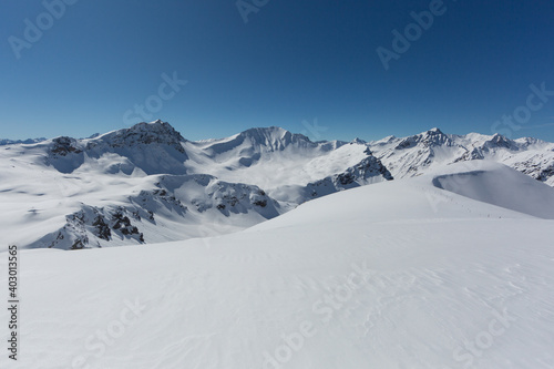 snowcapped Valbellahorn and Sandhubel mountains in Schanfigg