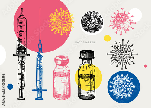 Coronavirus vaccine vector set. Hand sketched concept of Covid-19 corona virus vaccination with vaccine bottle, syringe injection tools and geometric elements.