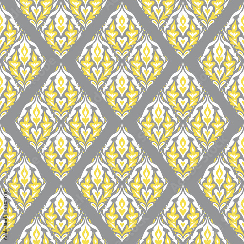 Damask seamless pattern. Vintage floral seamless background. Grey and yellow