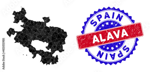 Alava Province map polygonal mesh with filled triangles, and textured bicolor stamp seal. Triangle mosaic Alava Province map with mesh vector model, triangles have variable sizes, and positions, photo