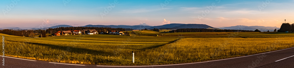 High resolution stitched panorama of a beautiful alpine summer evening view near Voecklabruck, Upper Austria, Austria