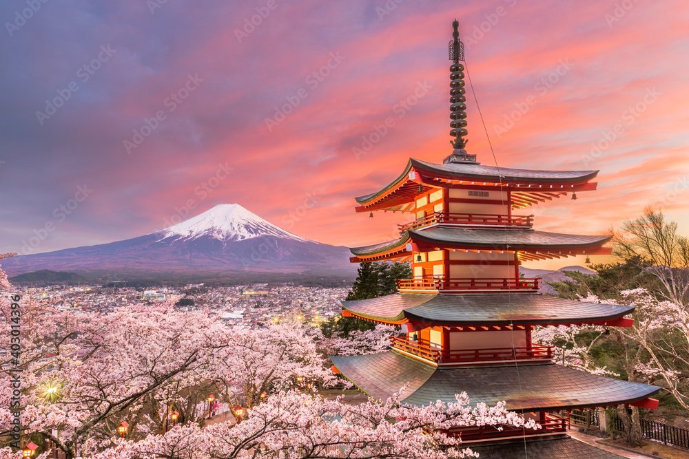 Fujiyoshida, Japan view of Mt. Fuji and Pagoda