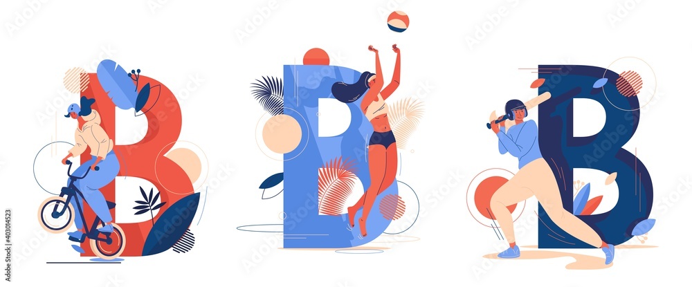 Various sport activities with capital letter B on background. Concept scenes with women training baseball, bmx riding and beach volleyball isolated on white Various sport activities with capital letter B on background. Concept scenes with women training baseball, bmx riding and beach volleyball isolated on white