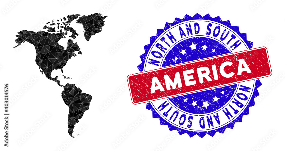South and North America map polygonal mesh with filled triangles, and textured bicolor rubber seal. Triangle mosaic South and North America map with mesh vector model, triangles have variable sizes,