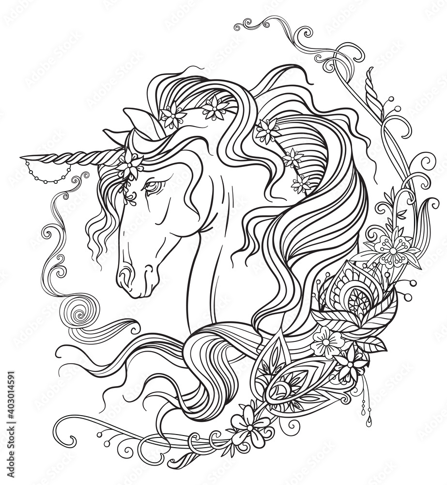 Fototapeta premium Hand drawing unicorn coloring book vector illustration