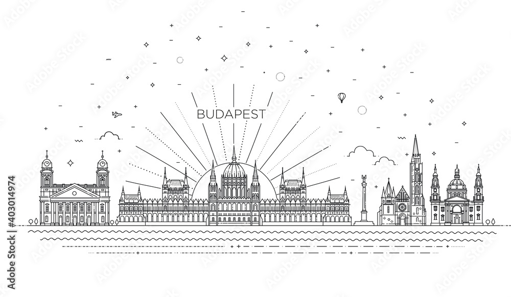 Fototapeta premium Hungarian travel landmark of historical building thin line icon