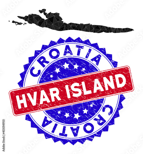 Hvar Island map polygonal mesh with filled triangles, and grunge bicolor seal. Triangle mosaic Hvar Island map with mesh vector model, triangles have different sizes, and positions, and color tones. photo