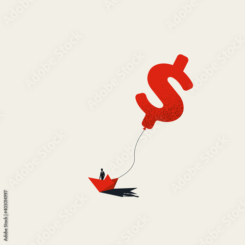 Business investment and floating rate vector concept with businessman on paper boat. Dollar, money symbol.