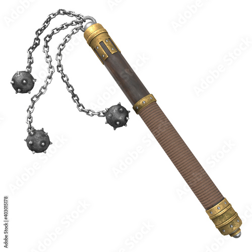 flail on a stick with metal balls, on an isolated white background. 3d illustration