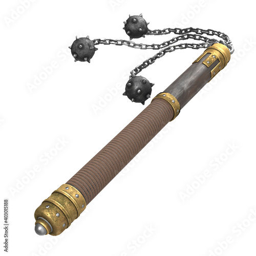 flail on a stick with metal balls, on an isolated white background. 3d illustration