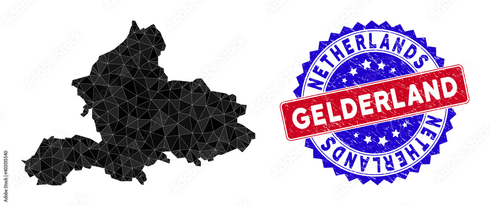 Gelderland Province map polygonal mesh with filled triangles, and rubber bicolor stamp print. Triangle mosaic Gelderland Province map with mesh vector model, triangles have randomized sizes,