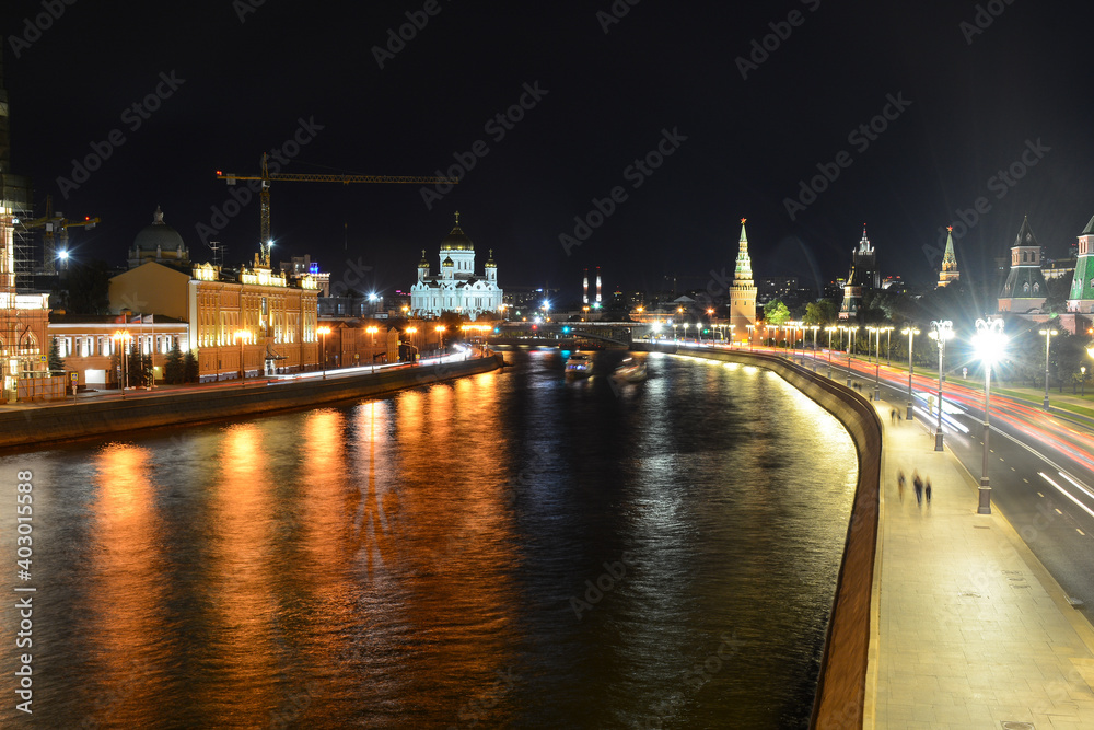 MOSCOW, RUSSIA - September 10, 2020: Night view from Big Moskvoretskiy Bridge (Bolshoy Moskvoretskiy Most)