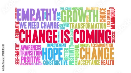 Change Is Coming animated word cloud on a white background.