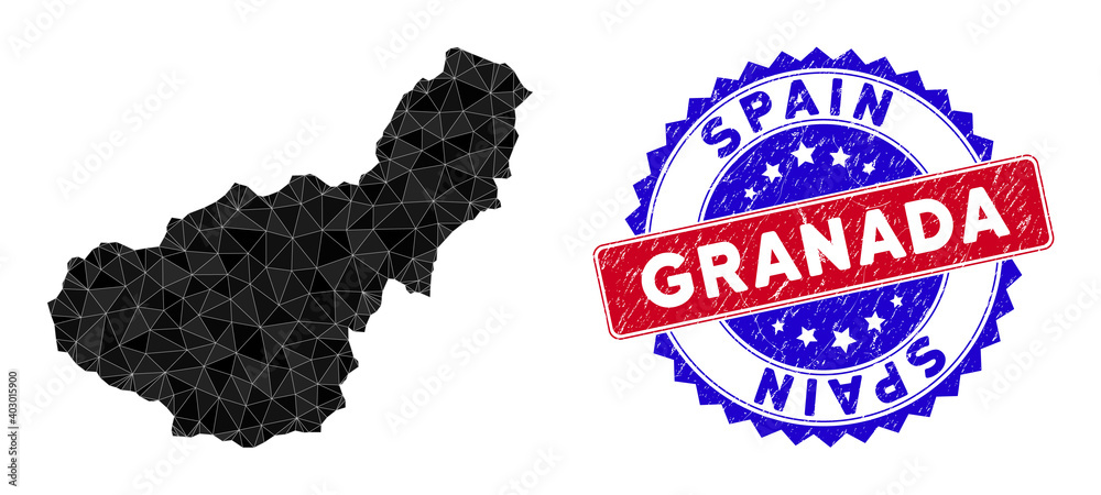 Granada Province map polygonal mesh with filled triangles, and textured bicolor stamp. Triangle mosaic Granada Province map with mesh vector model, triangles have variable sizes, and positions,