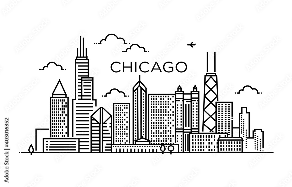 Obraz premium Liniowy baner miasta Chicago. Grafika liniowa.