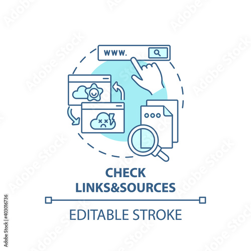 Checking links and sources concept icon. Fake news check idea thin line illustration. References and cited sources. Fighting disinformation. Vector isolated outline RGB color drawing. Editable stroke