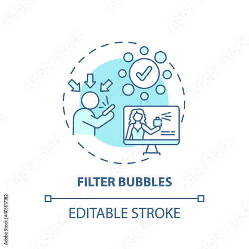 Filter bubbles concept icon. Journalism challenge idea thin line illustration. Website algorithm. Aligning with existing beliefs. Vector isolated outline RGB color drawing. Editable stroke