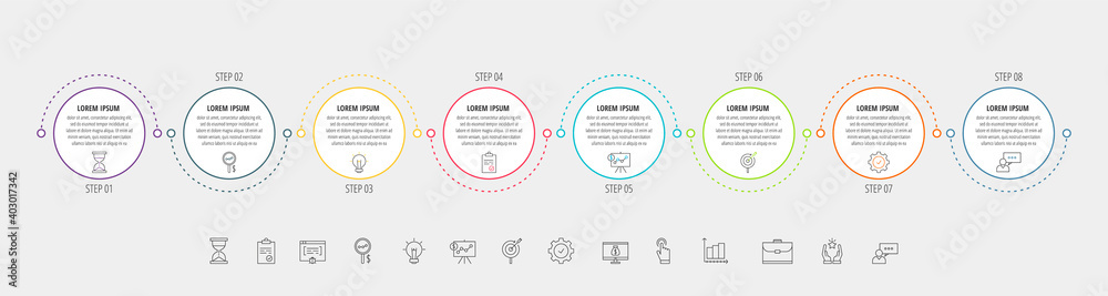 Circles vector line infographic with 8 step, icons. Timeline used for chart, web, banner, workflow layout, presentations, flowchart, info graph, content, levels, chart, processes diagram Circles vector line infographic with 8 step, icons. Timeline used for chart, web, banner, workflow layout, presentations, flowchart, info graph, content, levels, chart, processes diagram