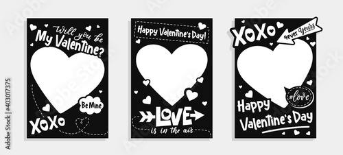 Valentine's Day printable photo booth templates in black and white colors.Will you be my Valentine photo templates backgrounds set.Happy Valentine's day photo booth props set.Vector illustration