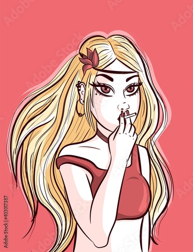 Blonde anime girl with long hair wearing a bandana and a flower. Vector art with a hippie woman chilling and smoking a cigarette. Grunge cartoon character on a pink background.