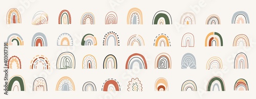 Contemporary art style colorful rainbows set.Hand drawn rainbows in different shapes.Scandinavian style.Cartoon vector illustration in children's drawings style with earthy colors.Vintage rainbow set.