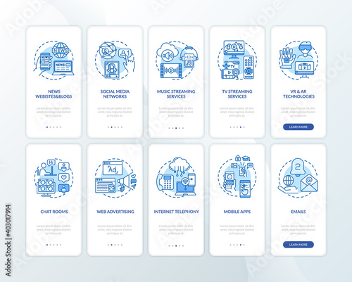 New media examples onboarding mobile app page screen with concepts set. News websites, streaming services walkthrough 5 steps graphic instructions. UI vector template with RGB color illustrations