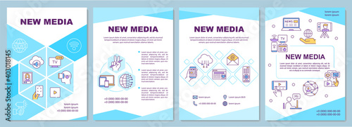 New media brochure template. Interactive technology. Online content. Flyer, booklet, leaflet print, cover design with linear icons. Vector layouts for magazines, annual reports, advertising posters