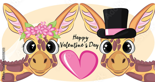 Greeting Happy Valentine s day Card Vector illustration.wedding Portrait of a cute Giraffe.