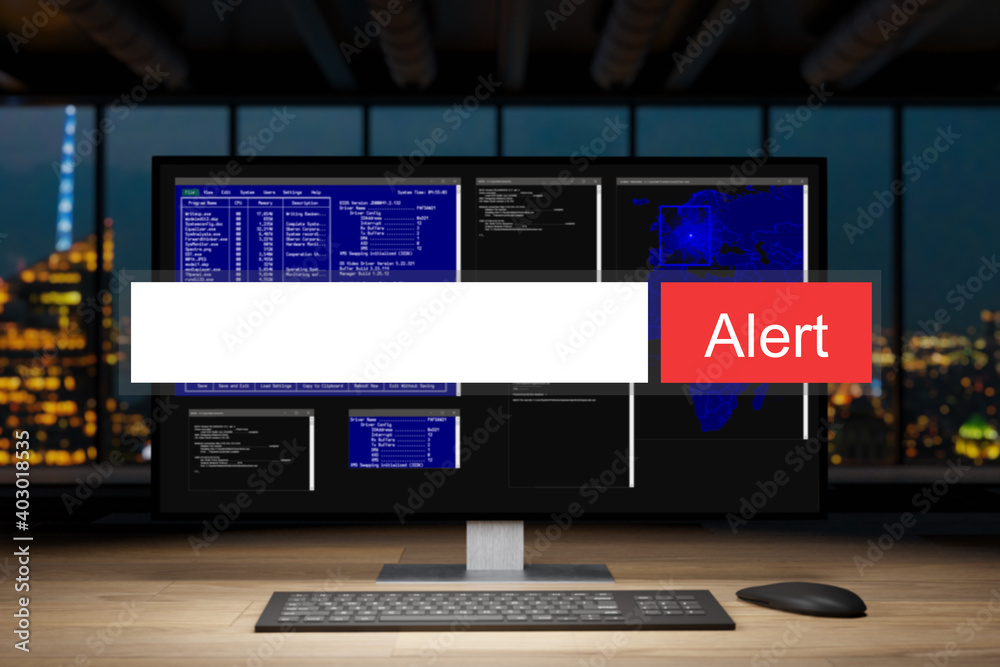 computer workstation in dark night office with skyline view warning alert, copy space 3D Illustration computer workstation in dark night office with skyline view warning alert, copy space 3D Illustration