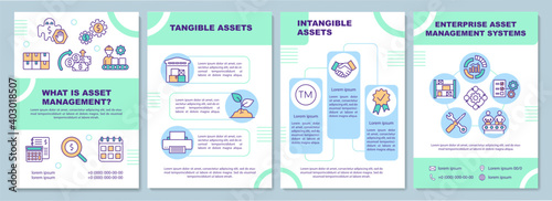 Tangible and intangible asset brochure template. Business organization. Flyer, booklet, leaflet print, cover design with linear icons. Vector layouts for magazines, annual reports, advertising posters