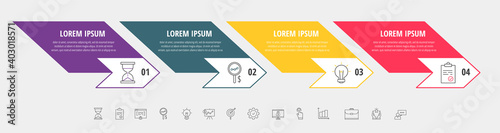 Vector infographic with 4 step, arrow, numeral, icons. Timeline used for diagram, chart, banner, workflow layout,, flowchart, info graph, timeline, content, chart, processes diagram