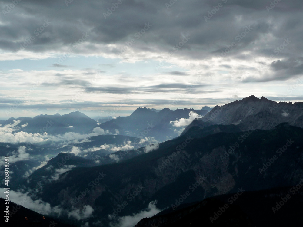 Dramatic mountain view from Alpspitze mountain in Garmisch-Partenkirchen, Bavaria, Germany