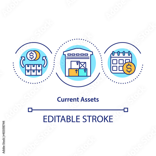 Current assets concept icon. Corporate finance. Sale property. Annuity rates. Accounting business service idea thin line illustration. Vector isolated outline RGB color drawing. Editable stroke