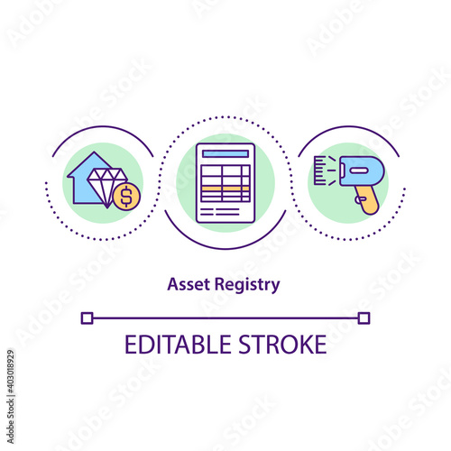 Asset registry concept icon. Financial management. Income report. Money control. Business service idea thin line illustration. Vector isolated outline RGB color drawing. Editable stroke