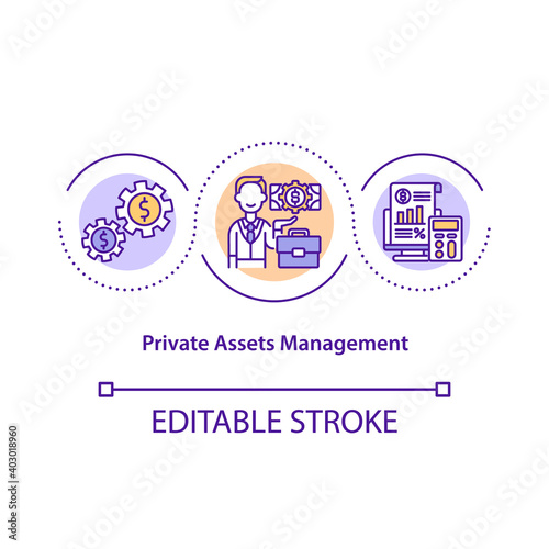 Private asset management concept icon. Managing finance. Cost effective system. Business service idea thin line illustration. Vector isolated outline RGB color drawing. Editable stroke