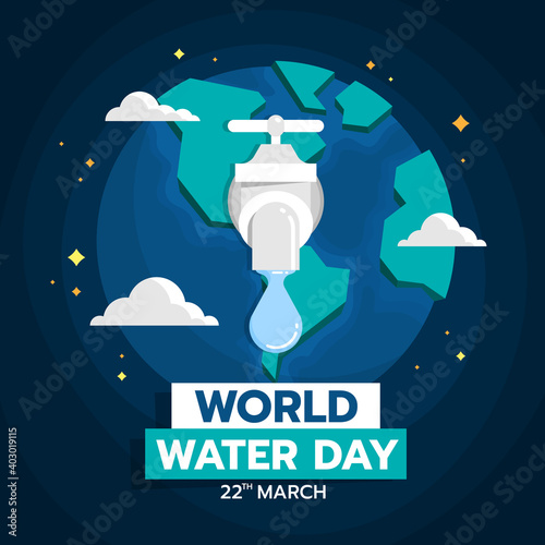 world water day banner with drop water fall from the tap on globle world sign and clude, star vector design photo