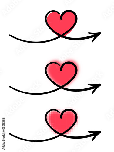 Set of drawn red heart shape line with arrow.