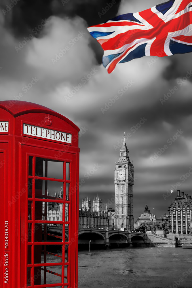 Fototapeta premium London symbols with BIG BEN and Red Phone Booth in England, UK