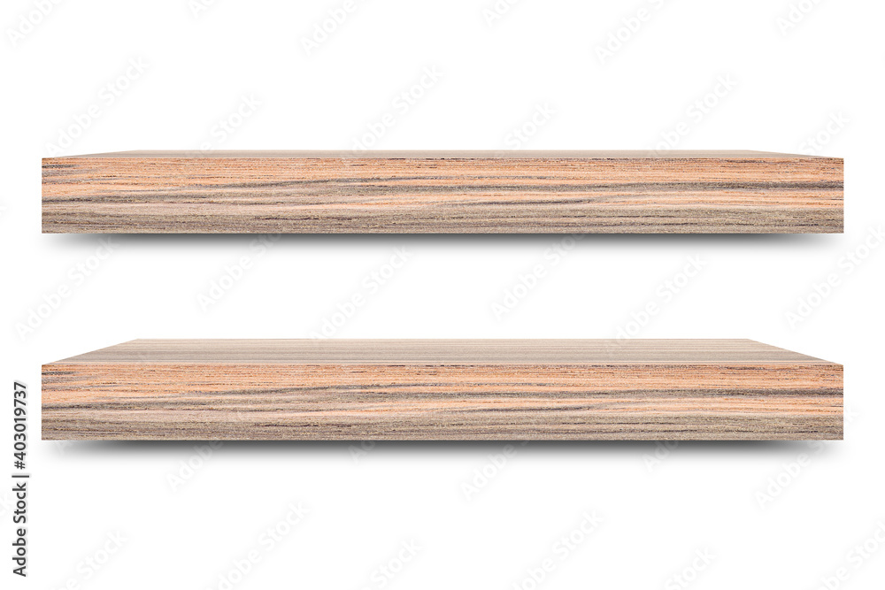 Shelf wooden isolated on a white background and display montage for the product Embed Clipping Path separate with black shadows.
