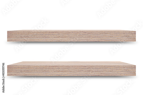 Shelf wooden isolated on a white background and display montage for the product Embed Clipping Path separate with black shadows.